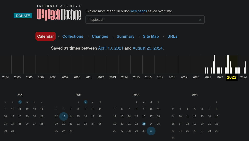 Wayback machine on domain hippie.cat